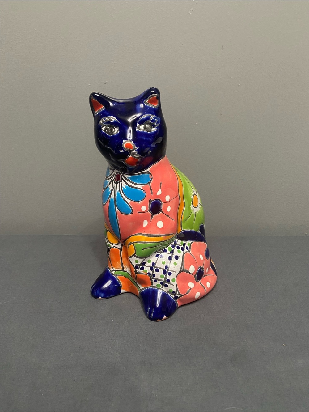 TALAVERA 8" Vintage Cat Figurine Mexican Folk Art Pottery Terracotta Colorful